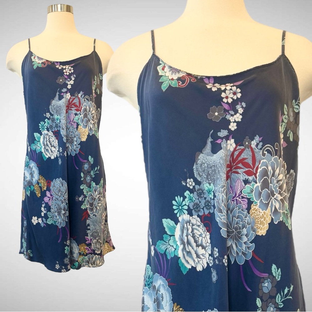 🌺SOLD🌺 100% Silk Navy Blue Floral Peacock Print Chemise Vintage Slip Dress